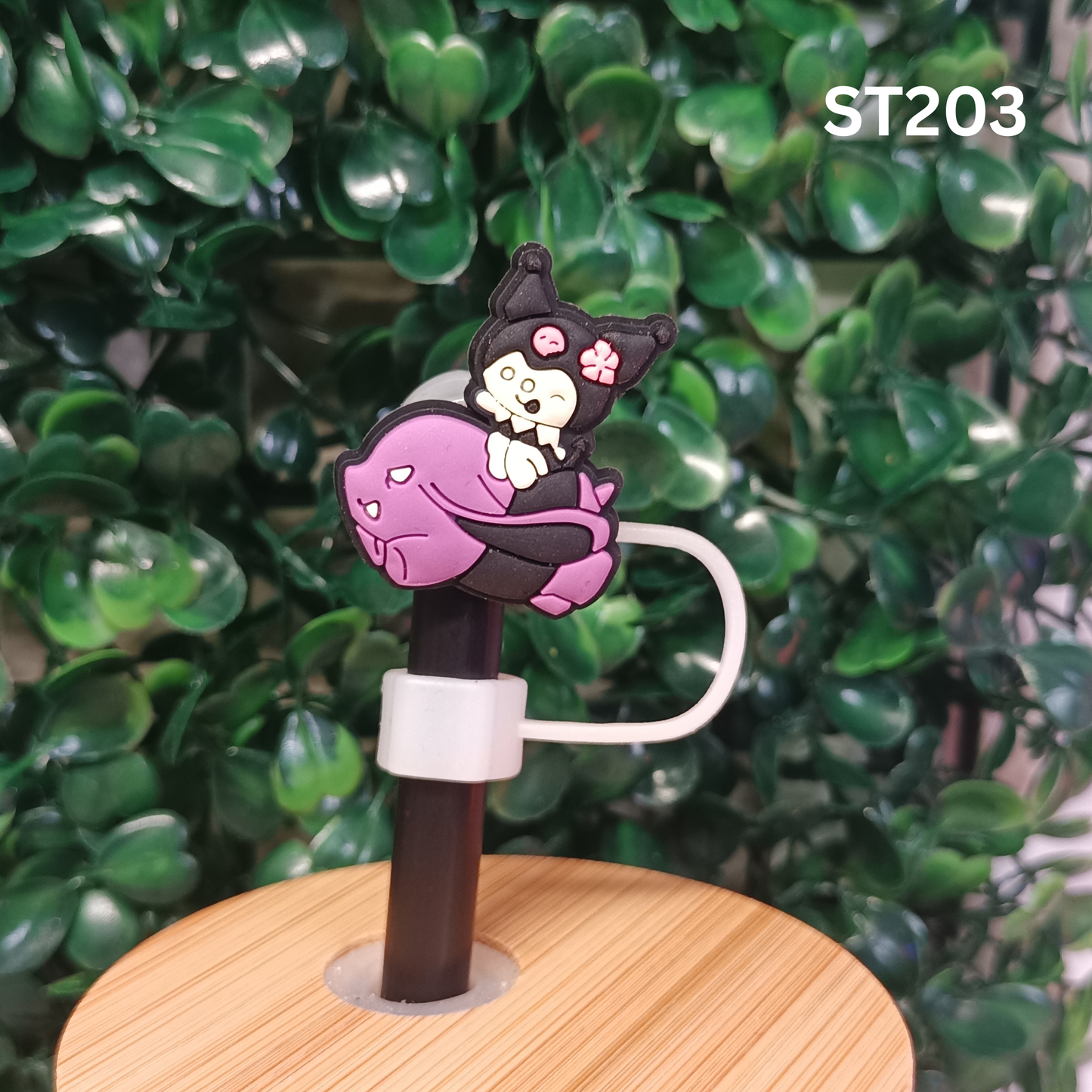 Cute Kuromi Riding Baku Straw Topper 10mm - Purple Kawaii Silicone Straw Cover