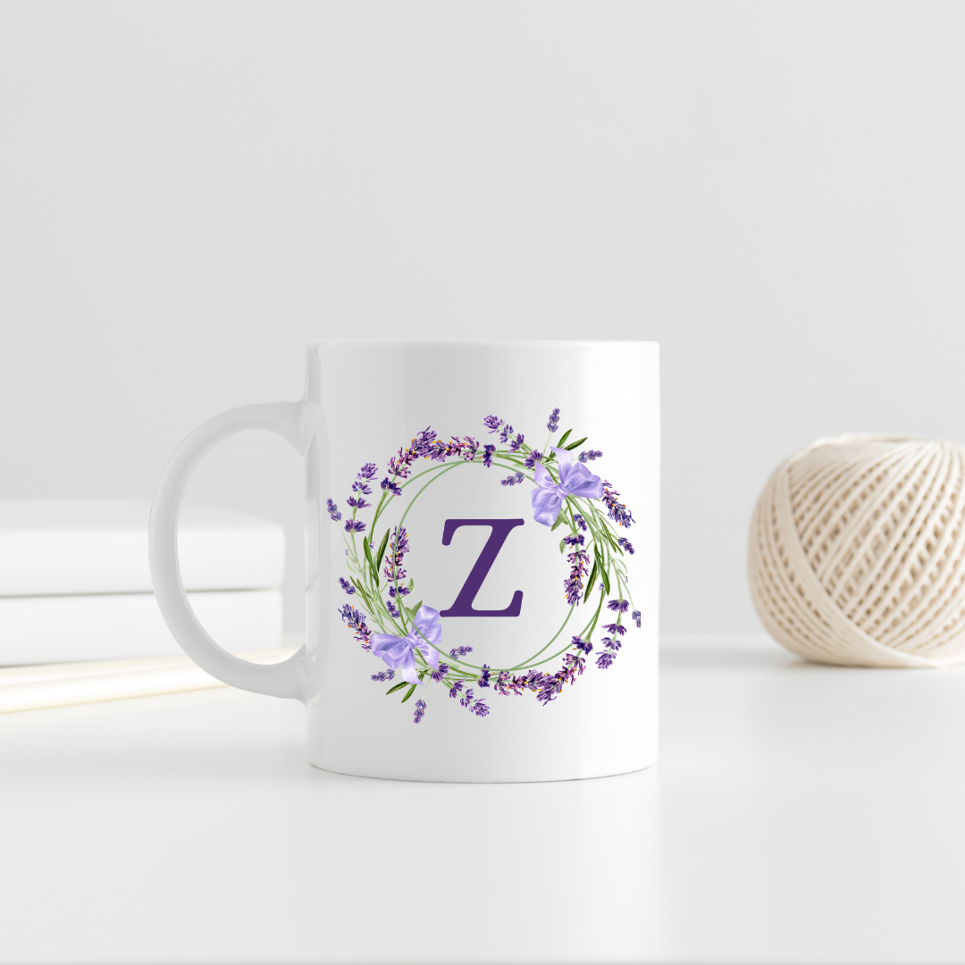 Floral Alphabet Letter A-Z Lavender Wreath Design,Personalized 12oz Ceramic Mug
