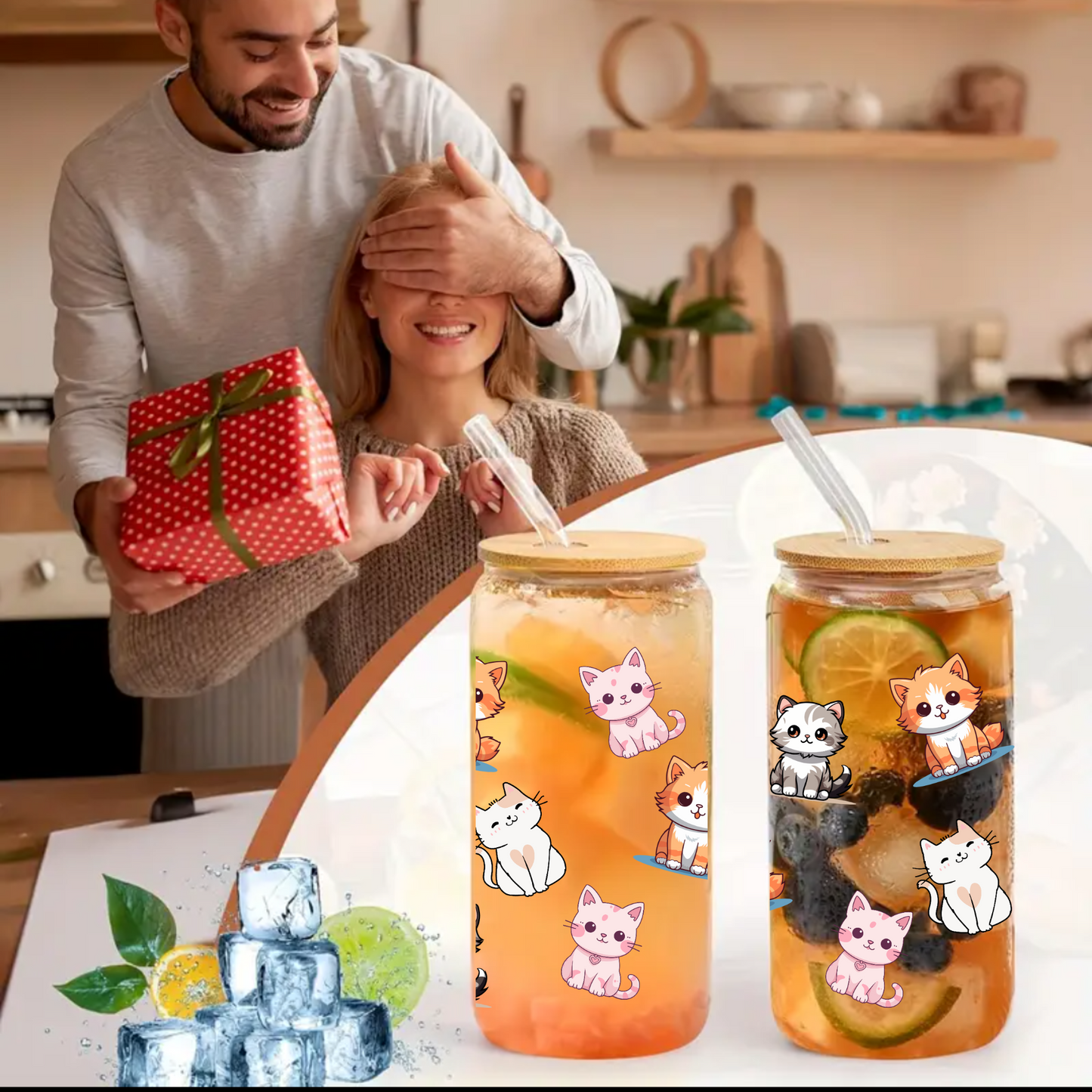 Cute Cats Glass Cup, Animal glass cup,Personalized Glass Cup 16oz & 20oz Tea, Coffee, Smoothie Glass, Perfect for Office, Party, Birthday