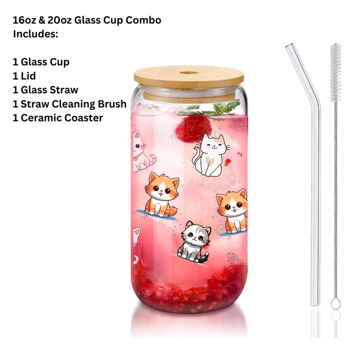 Cute Cats Glass Cup, Animal glass cup,Personalized Glass Cup 16oz & 20oz Tea, Coffee, Smoothie Glass, Perfect for Office, Party, Birthday