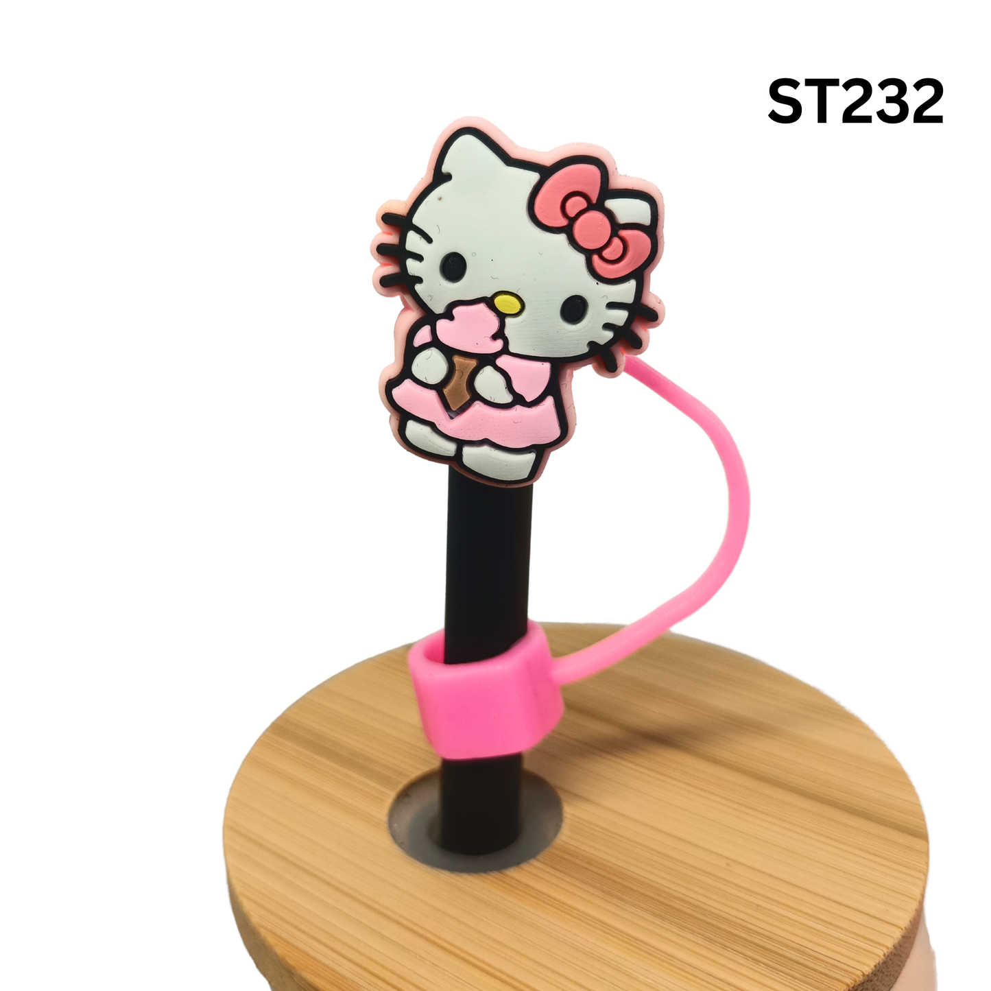 Cute Pink Bow Kitty Ice Cream Silicone Straw Cover Cap Dust Proof Plug Decor