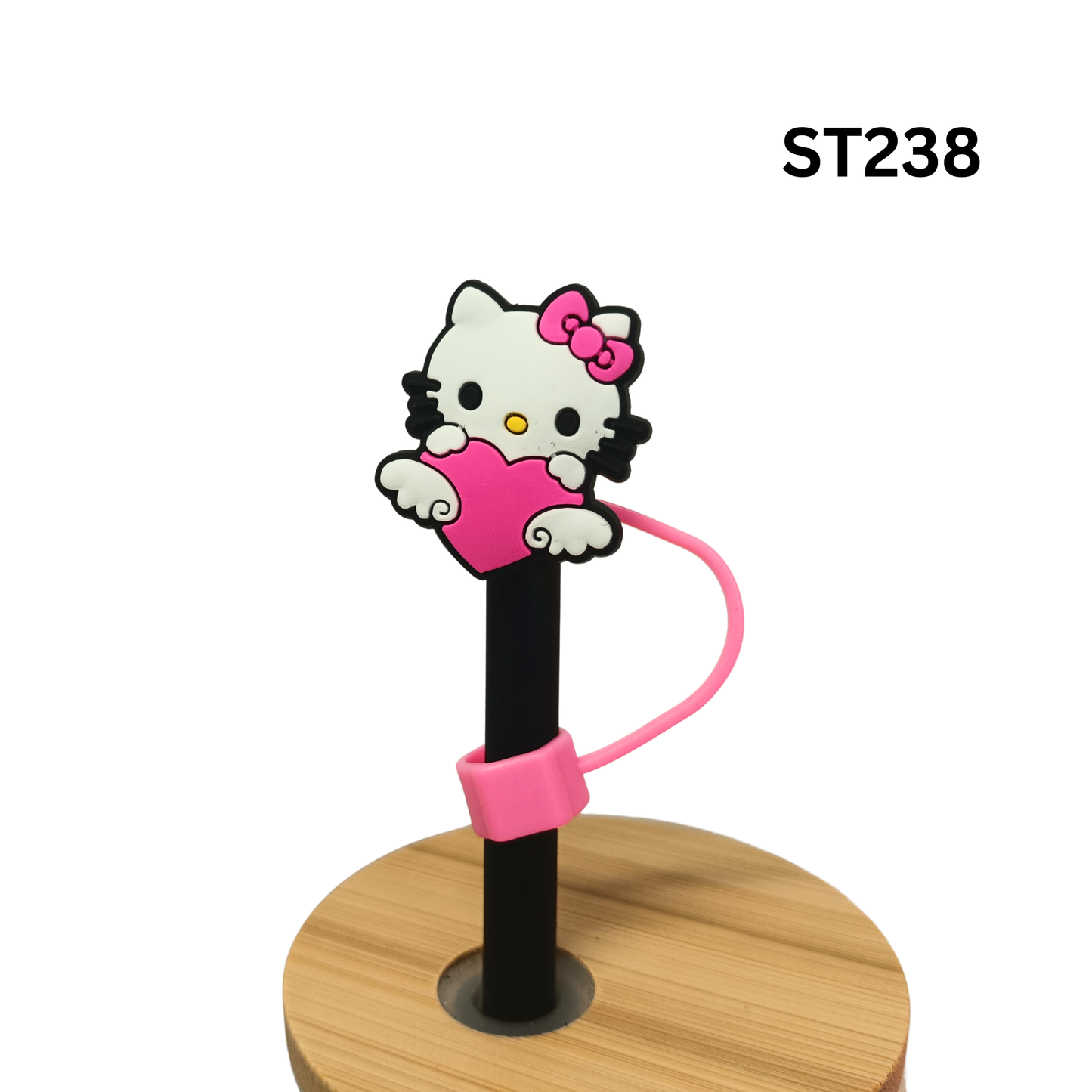 Cute Cartoon Kitty Holding Pink Heart Silicone Straw Cover Cap Dust Proof Plug Decor