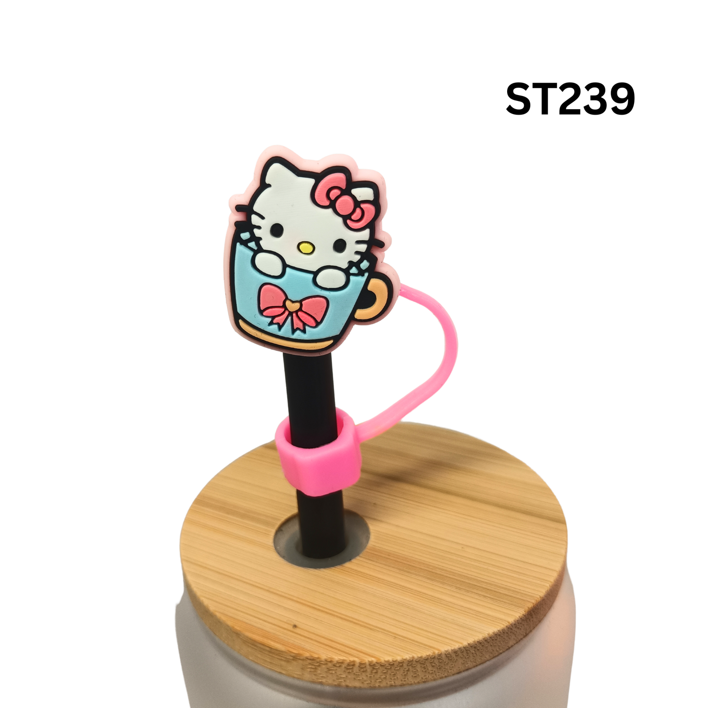 Cute Cartoon Kitty Teacup Blue Mug Pink Bow Silicone Straw Cover Cap Dust Proof Plug Decor
