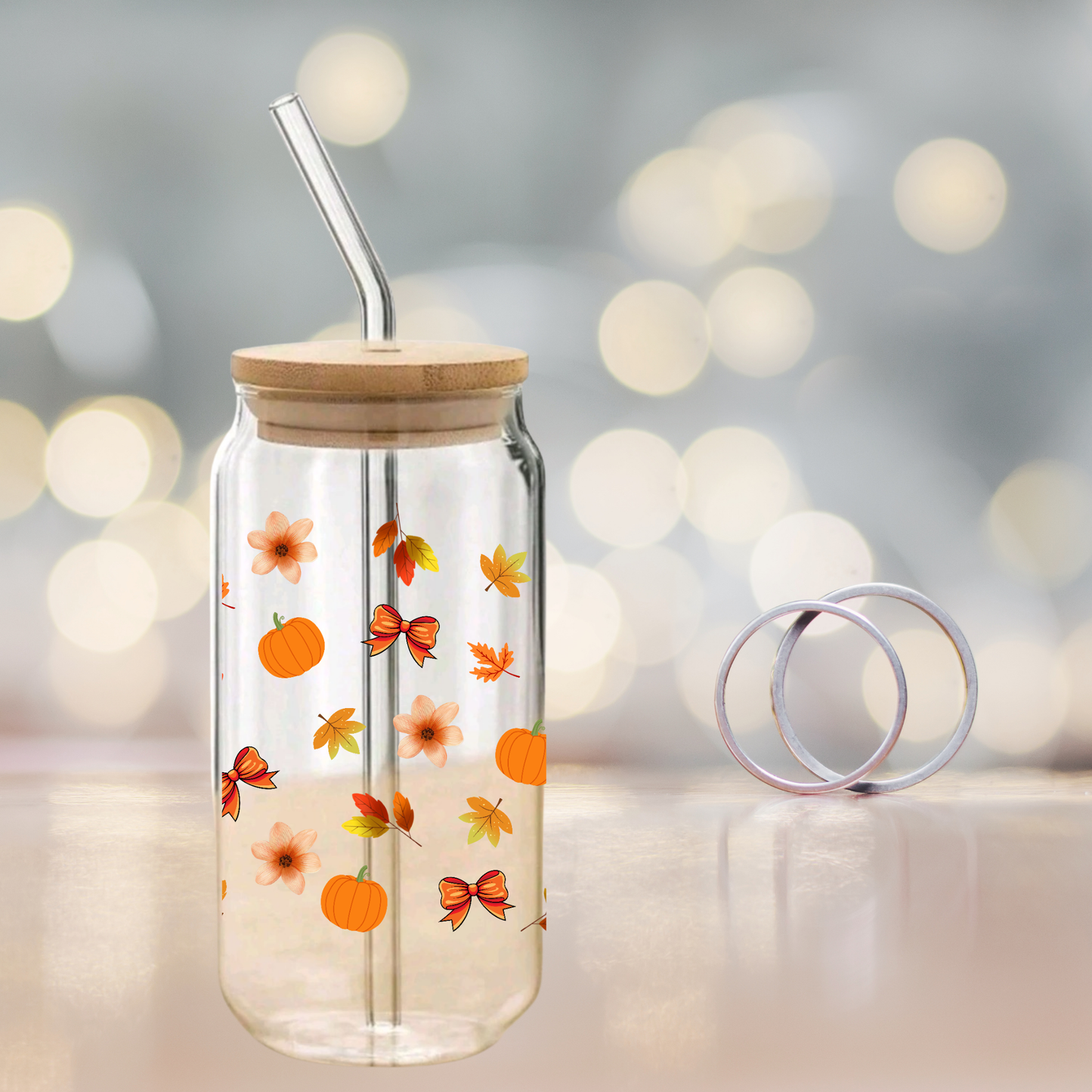 Fall Pumpkin Clear Glass Can Cup with Bamboo Lid, Straw & Brush β Autumn Leaves Tumbler (16oz/20oz)