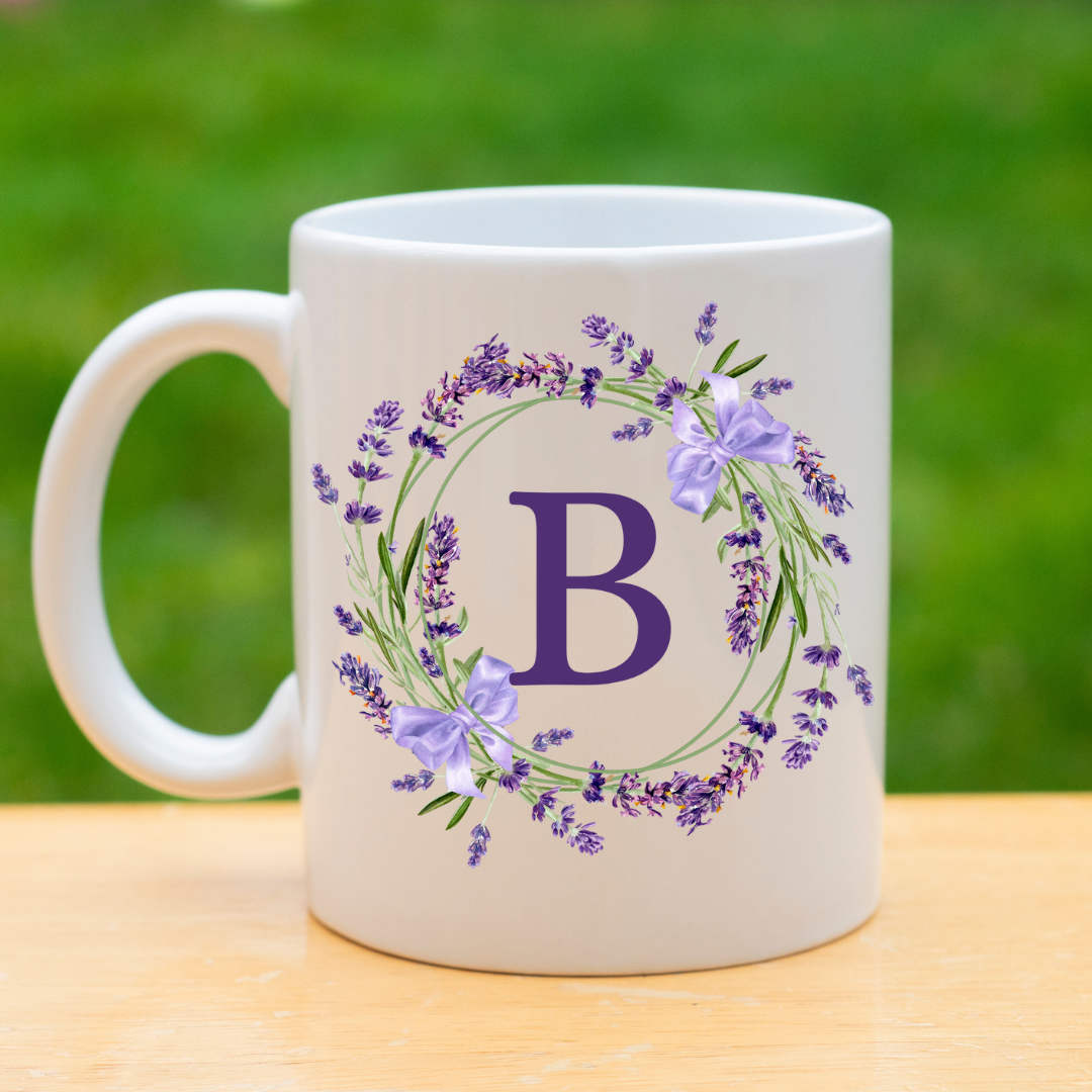 Floral Alphabet Letter A-Z Lavender Wreath Design,Personalized 12oz Ceramic Mug