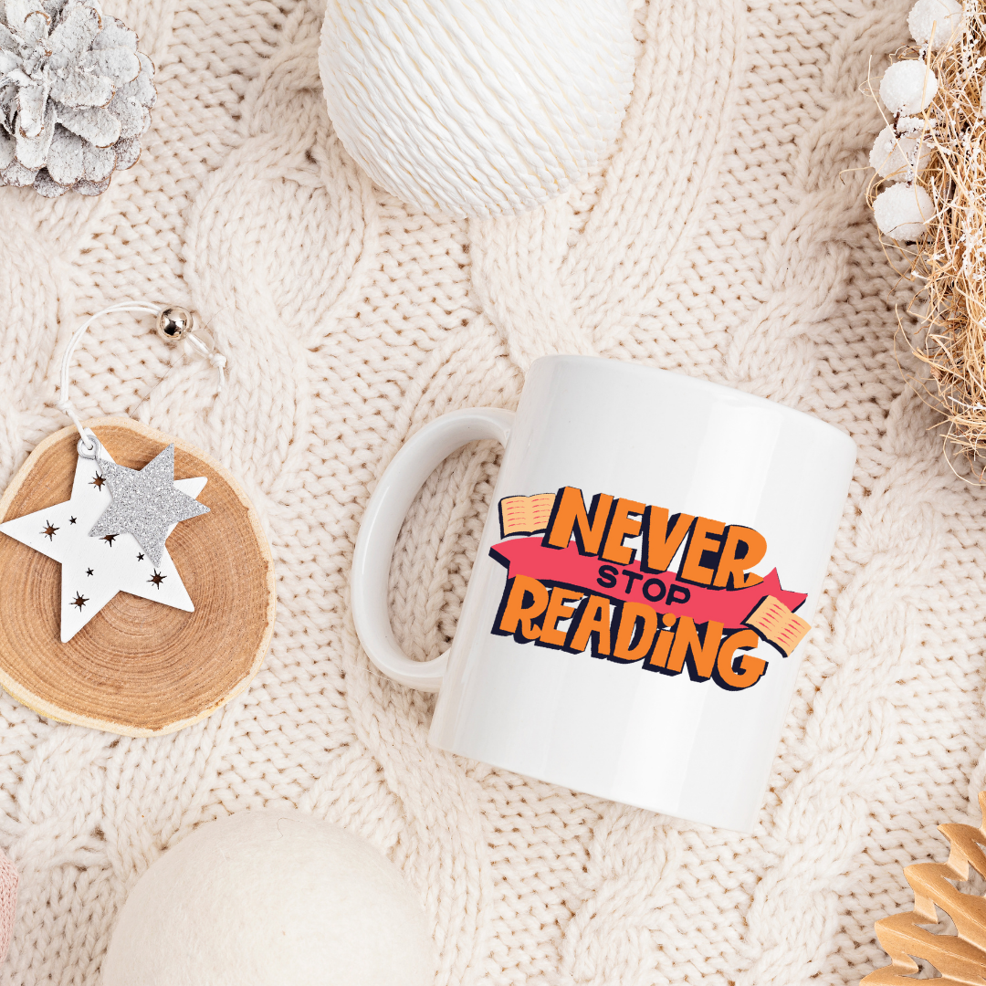 Cozy Mug Combo – UV DTF Printed Ceramic Mug & Coaster, Book Lover Gift ,Never Stop Reading Coffee Cup, Reading Mug Set, Teacher Gift