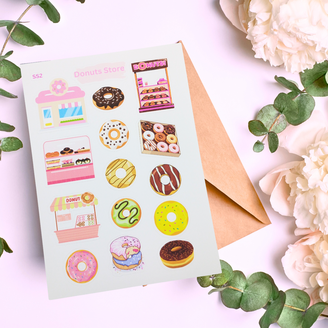 Handmade Donut Store Sticker Sheet – Cute & Colorful Bakery-Themed Stickers