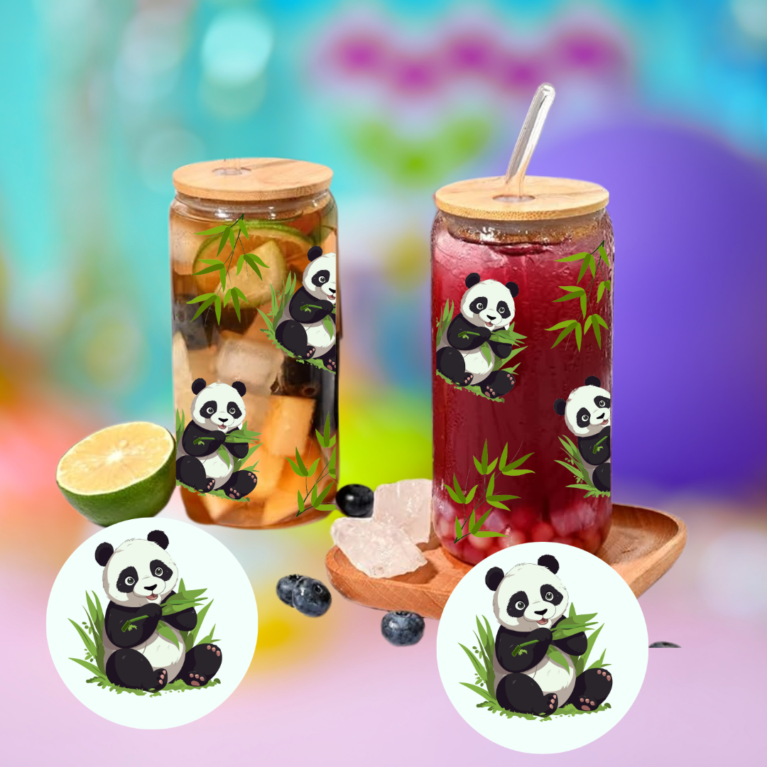 Panda with leaves glass cup, cartoon cup, Iced Coffee Glass cup with lid and Straw Personalized gift for Birthday,for kid 16oz, 20oz