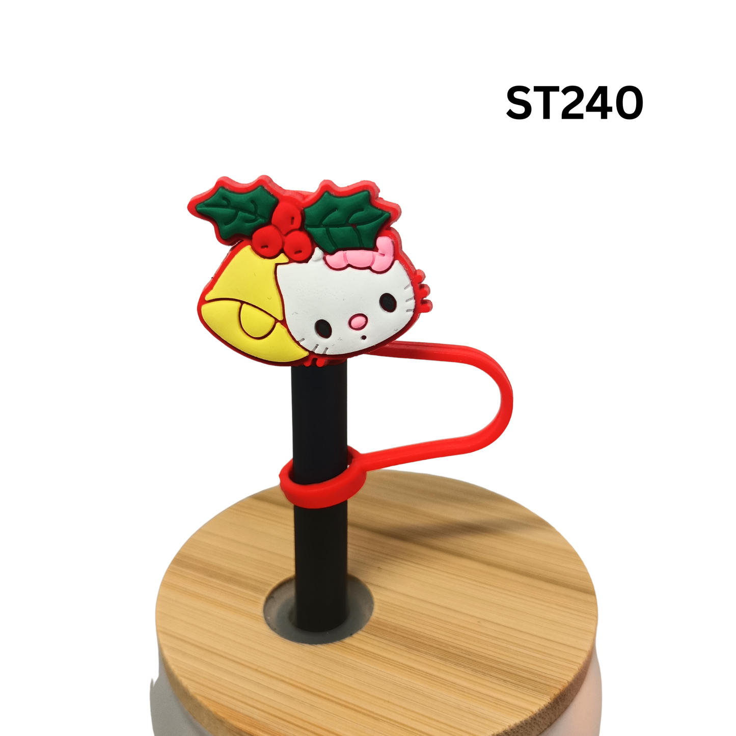 Cute Christmas Cartoon Kitty Christmas Bell Holly Berries Silicone Straw Cover Cap Dust Proof Plug Decor