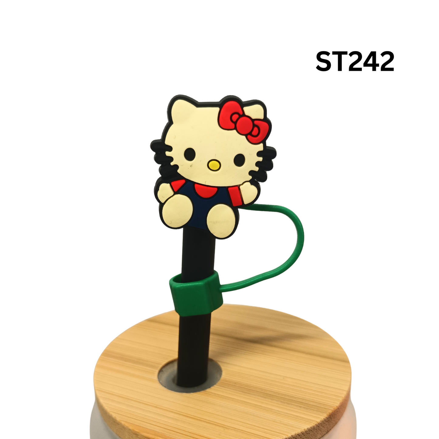 Cute Cartoon Kitty Sitting Red Bow Blue Overalls Silicone Straw Cover Cap Dust Proof Plug Decor