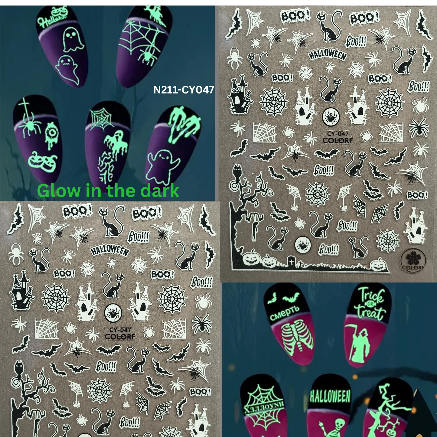 Glow in the Dark Halloween Nail Stickers Spooky Spider Web Cat Bat Pumpkin Decals