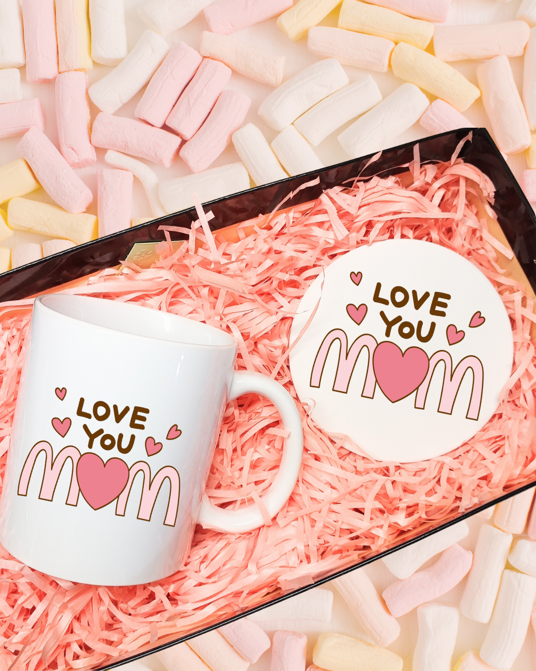 Mom Mug and Coaster Set, Cute Love You Mom Design Mothers Day Gift