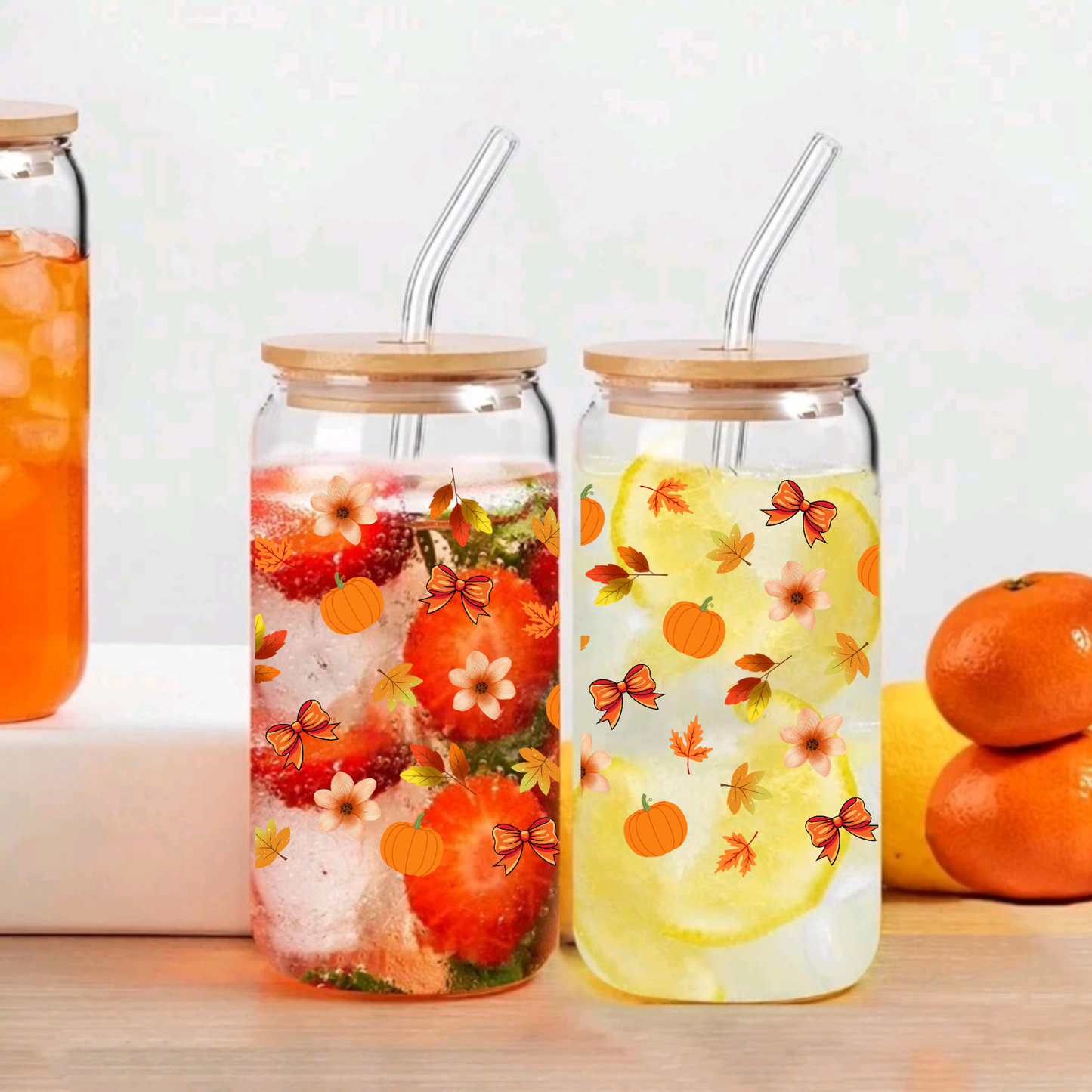 Fall Pumpkin Clear Glass Can Cup with Bamboo Lid, Straw & Brush β Autumn Leaves Tumbler (16oz/20oz)
