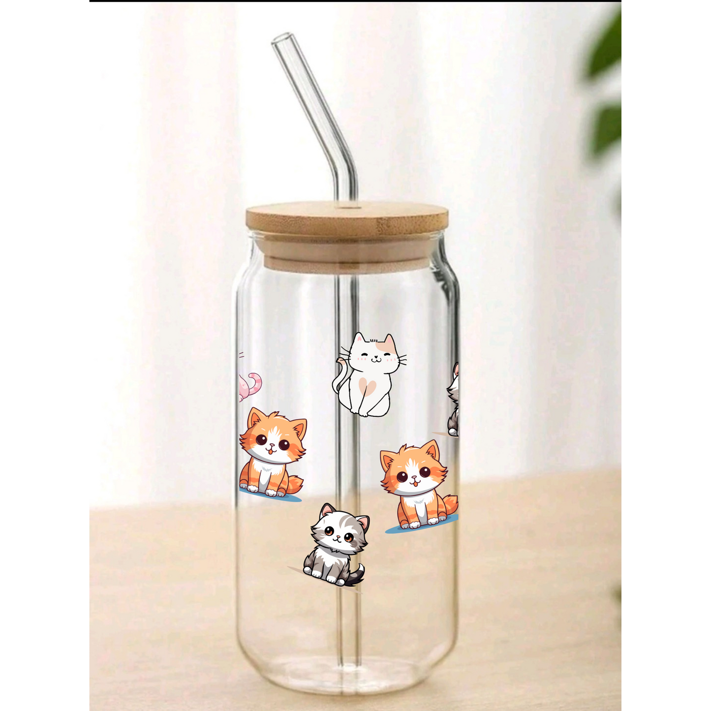 Cute Cats Glass Cup, Animal glass cup,Personalized Glass Cup 16oz & 20oz Tea, Coffee, Smoothie Glass, Perfect for Office, Party, Birthday