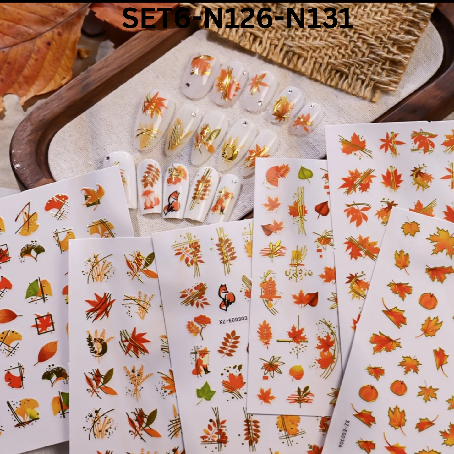 Set of 6 โ 3D Maple Leaf Nail Stickers, Autumn Fall Nail Art Decals