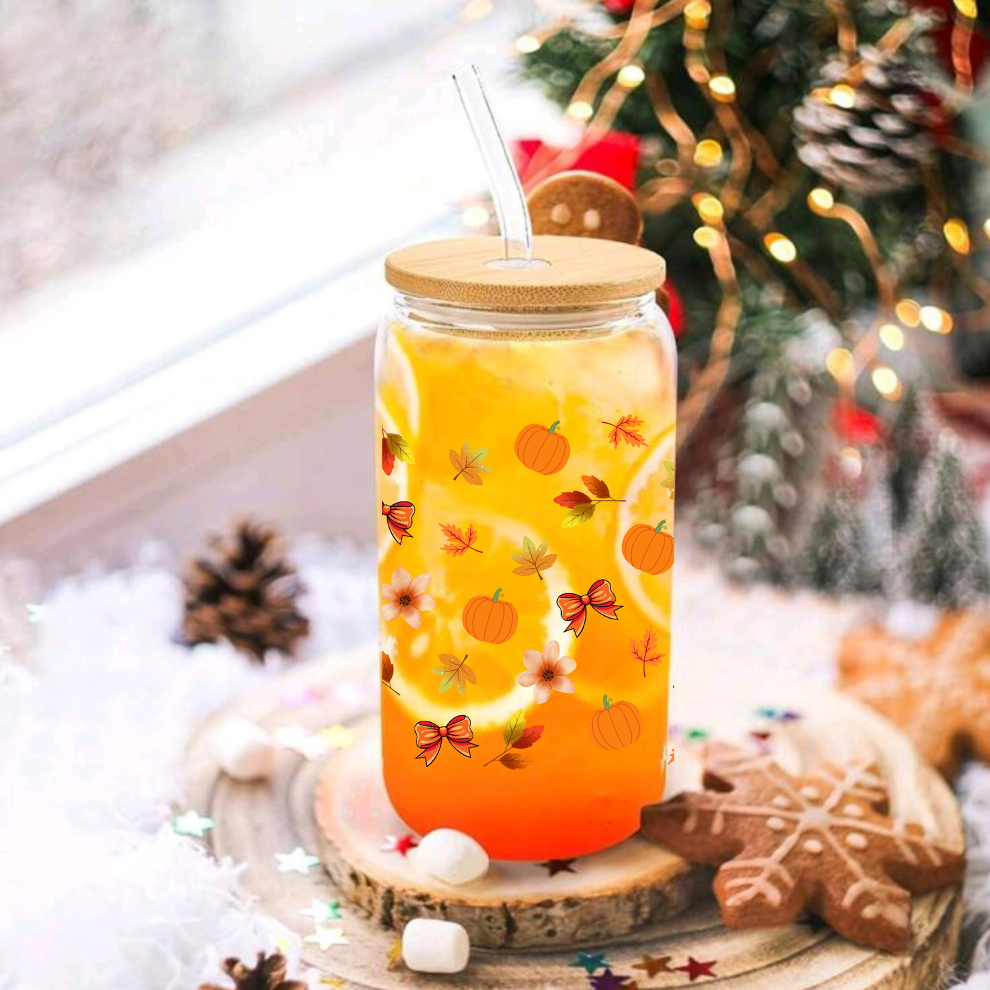 Fall Pumpkin Clear Glass Can Cup with Bamboo Lid, Straw & Brush β Autumn Leaves Tumbler (16oz/20oz)