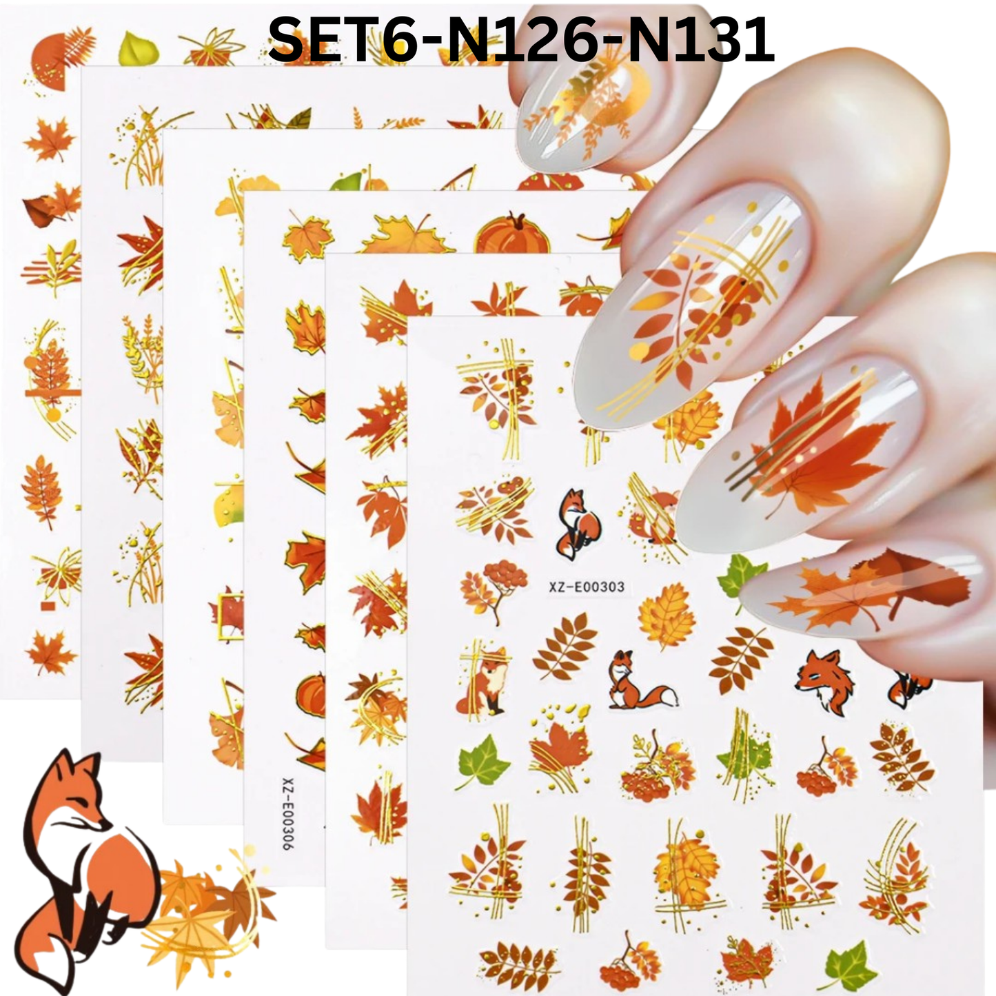 Set of 6 โ 3D Maple Leaf Nail Stickers, Autumn Fall Nail Art Decals