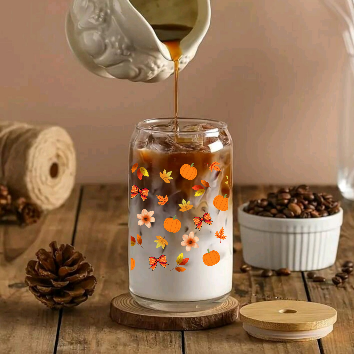 Fall Pumpkin Clear Glass Can Cup with Bamboo Lid, Straw & Brush β Autumn Leaves Tumbler (16oz/20oz)