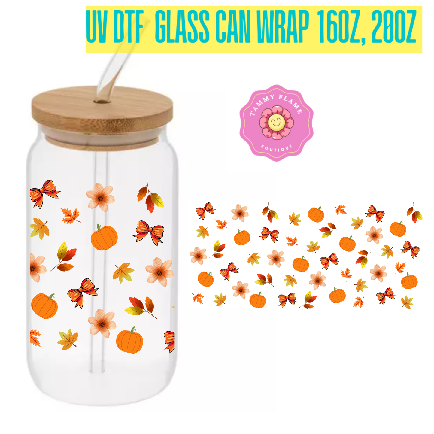 Fall Pumpkin Clear Glass Can Cup with Bamboo Lid, Straw & Brush β Autumn Leaves Tumbler (16oz/20oz)