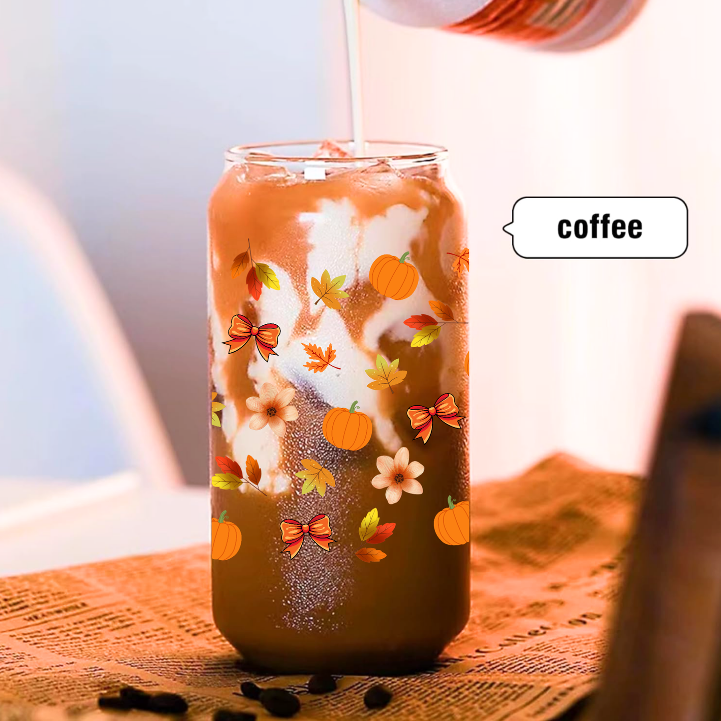 Fall Pumpkin Clear Glass Can Cup with Bamboo Lid, Straw & Brush β Autumn Leaves Tumbler (16oz/20oz)