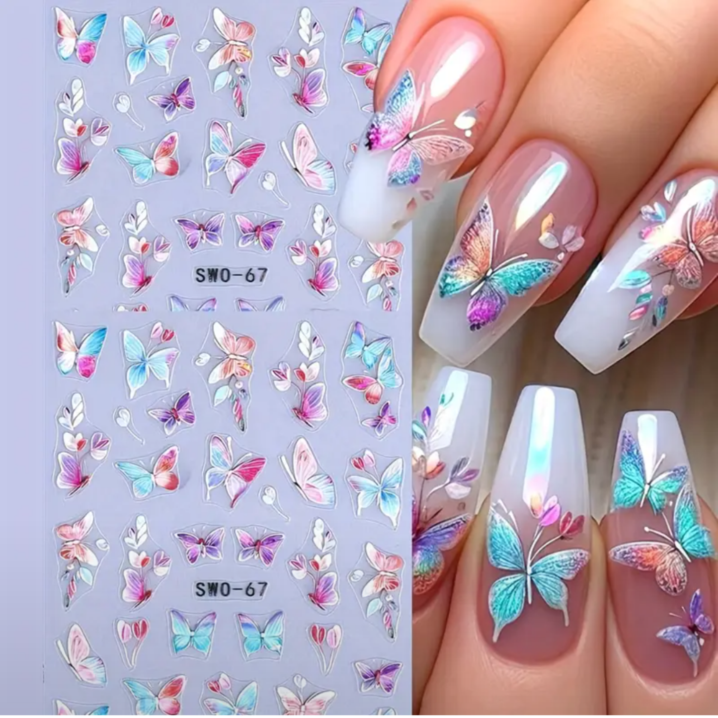 Butterfly Embossed Nail Stickers, Multicolor Butterfly Leaves Cute Spring Summer Manicure, Gel Decals Sliders Nail Art Decoration Nail Supplies