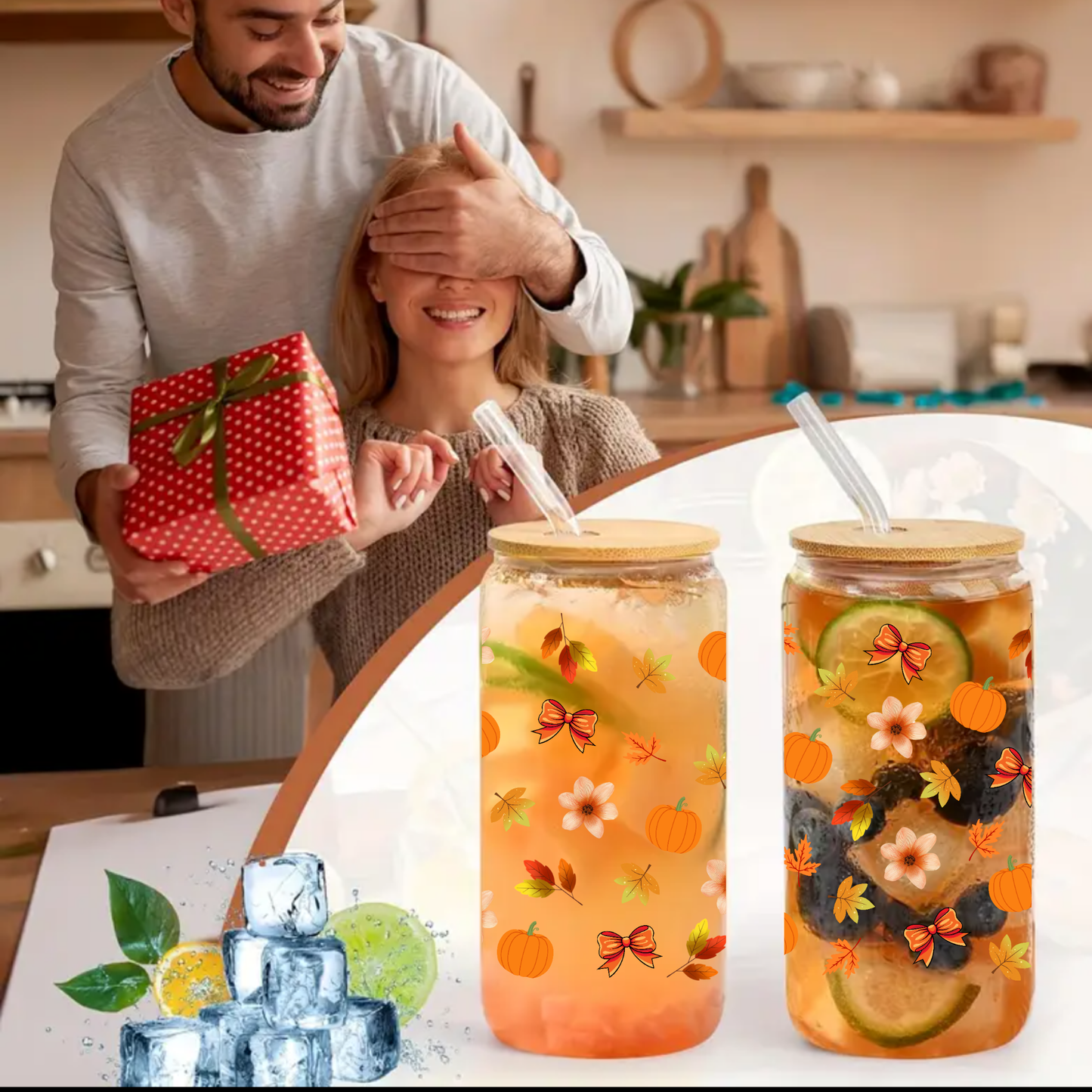 Fall Pumpkin Clear Glass Can Cup with Bamboo Lid, Straw & Brush β Autumn Leaves Tumbler (16oz/20oz)