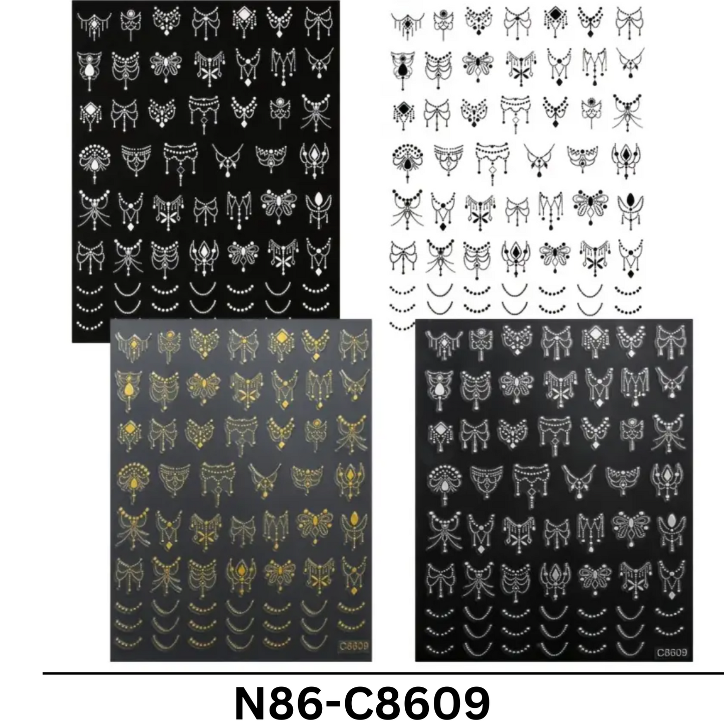 3D Chain Nail Art Stickers – Black, White, Gold, Silver Jewelry Design