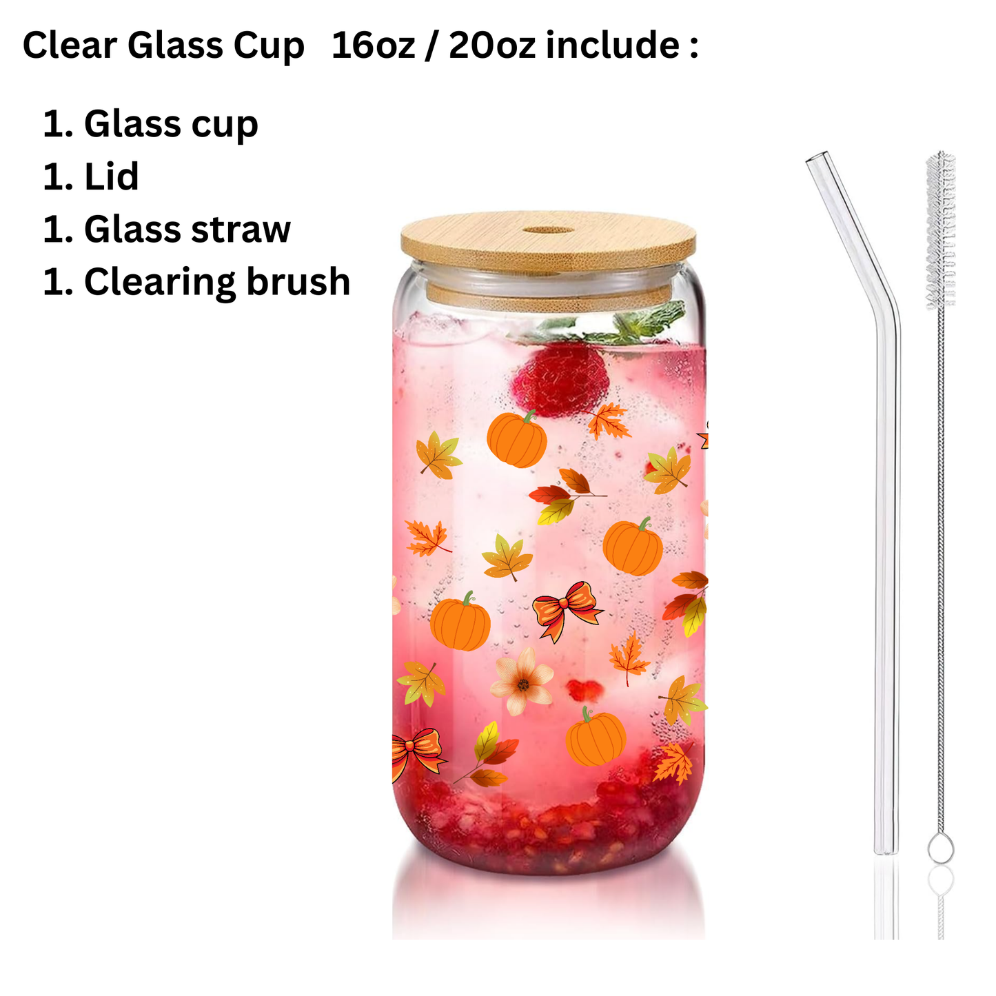 Fall Pumpkin Clear Glass Can Cup with Bamboo Lid, Straw & Brush β Autumn Leaves Tumbler (16oz/20oz)