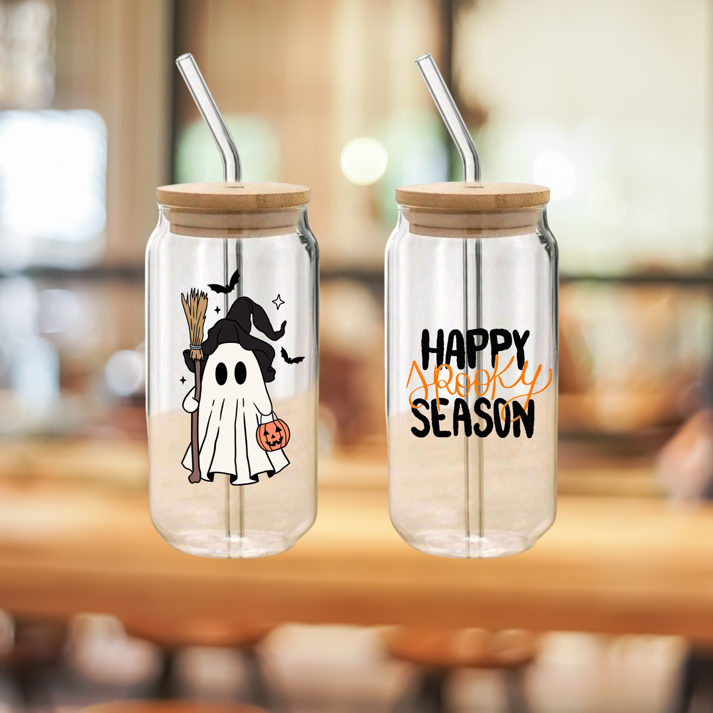 Halloween Clear Glass Can Cup with Bamboo Lid, Glass Straw & Brush – Ghost Witch “Happy Spooky Season” (16oz / 20oz)