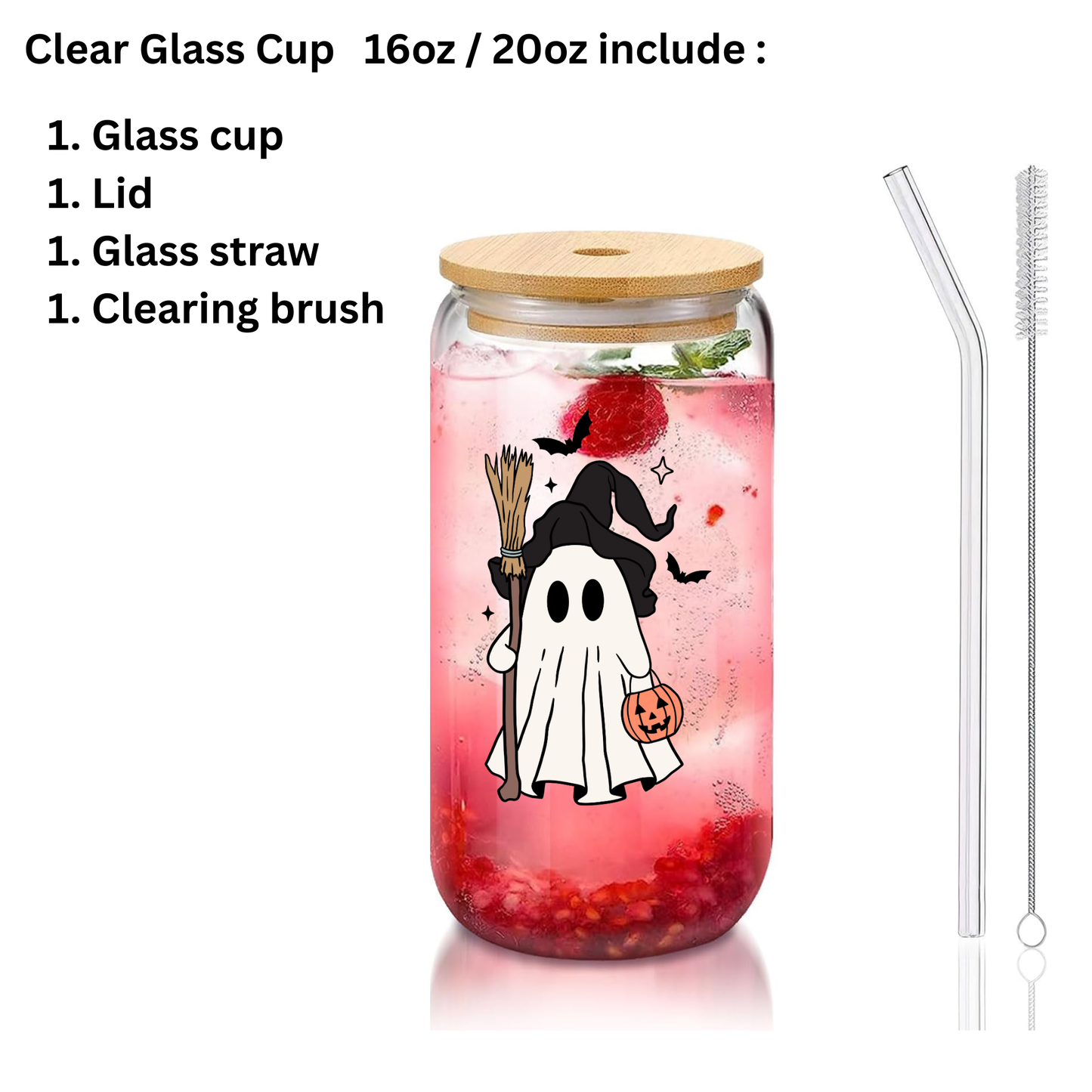 Halloween Clear Glass Can Cup with Bamboo Lid, Glass Straw & Brush – Ghost Witch “Happy Spooky Season” (16oz / 20oz)