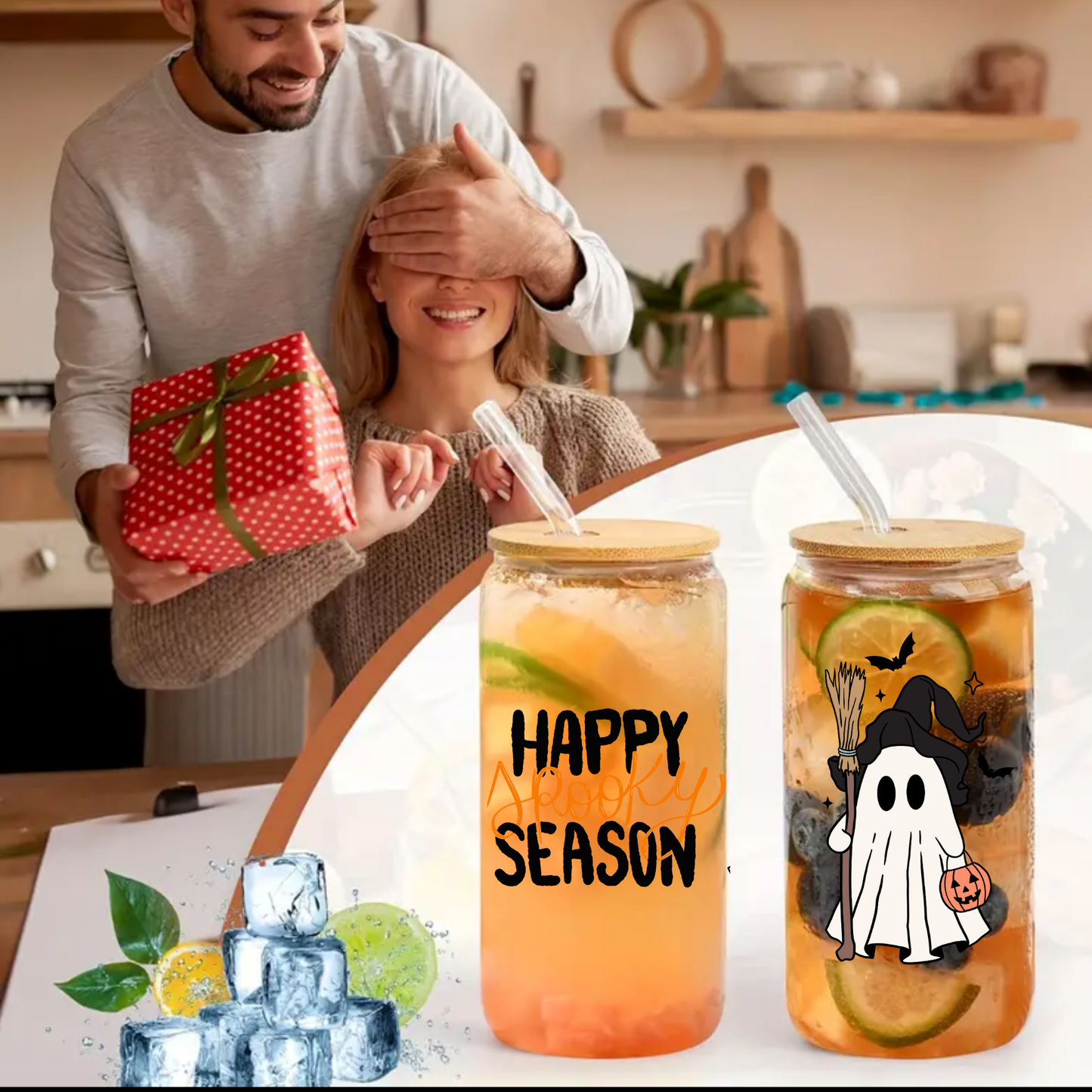 Halloween Clear Glass Can Cup with Bamboo Lid, Glass Straw & Brush – Ghost Witch “Happy Spooky Season” (16oz / 20oz)