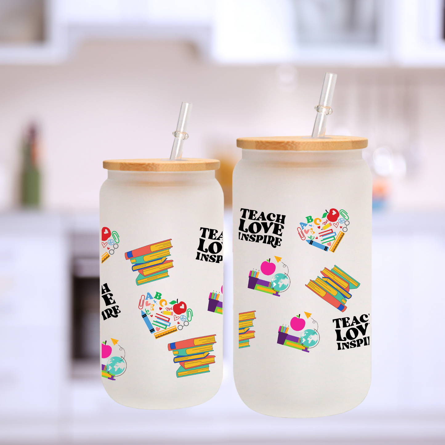 Teacher Love Inspire Frosted Glass Cup – 16oz / 20oz Tumbler with Glass Straw & Bamboo Lid – Personalized Gift for Teachers, Office, Home, or Party