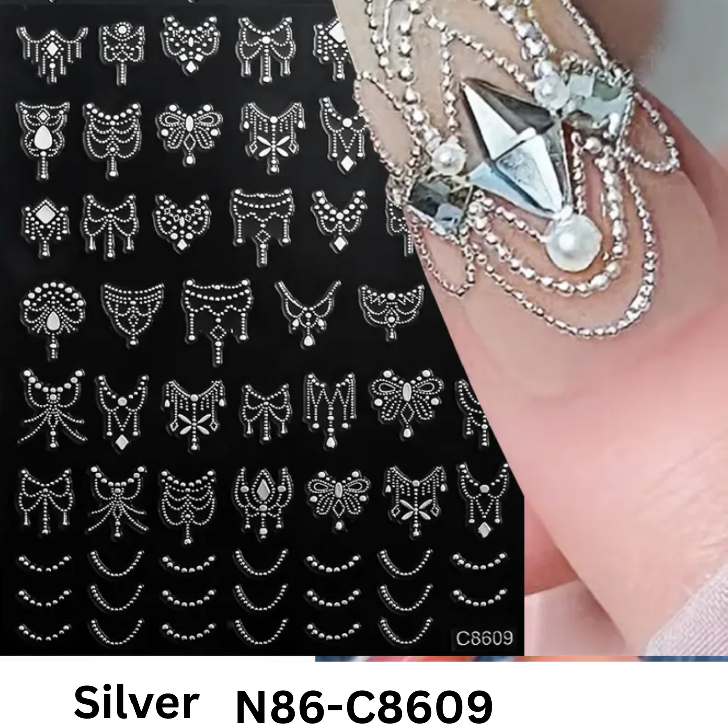 3D Chain Nail Art Stickers – Black, White, Gold, Silver Jewelry Design