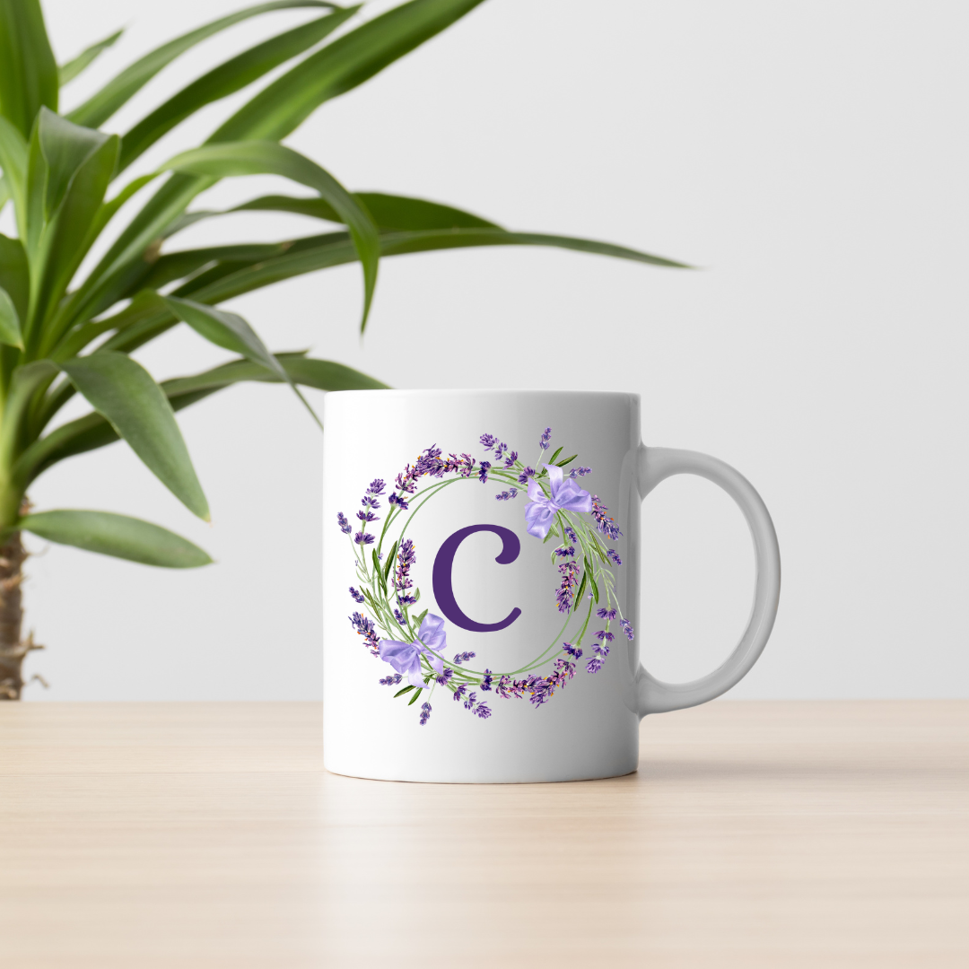 Floral Alphabet Letter A-Z Lavender Wreath Design,Personalized 12oz Ceramic Mug