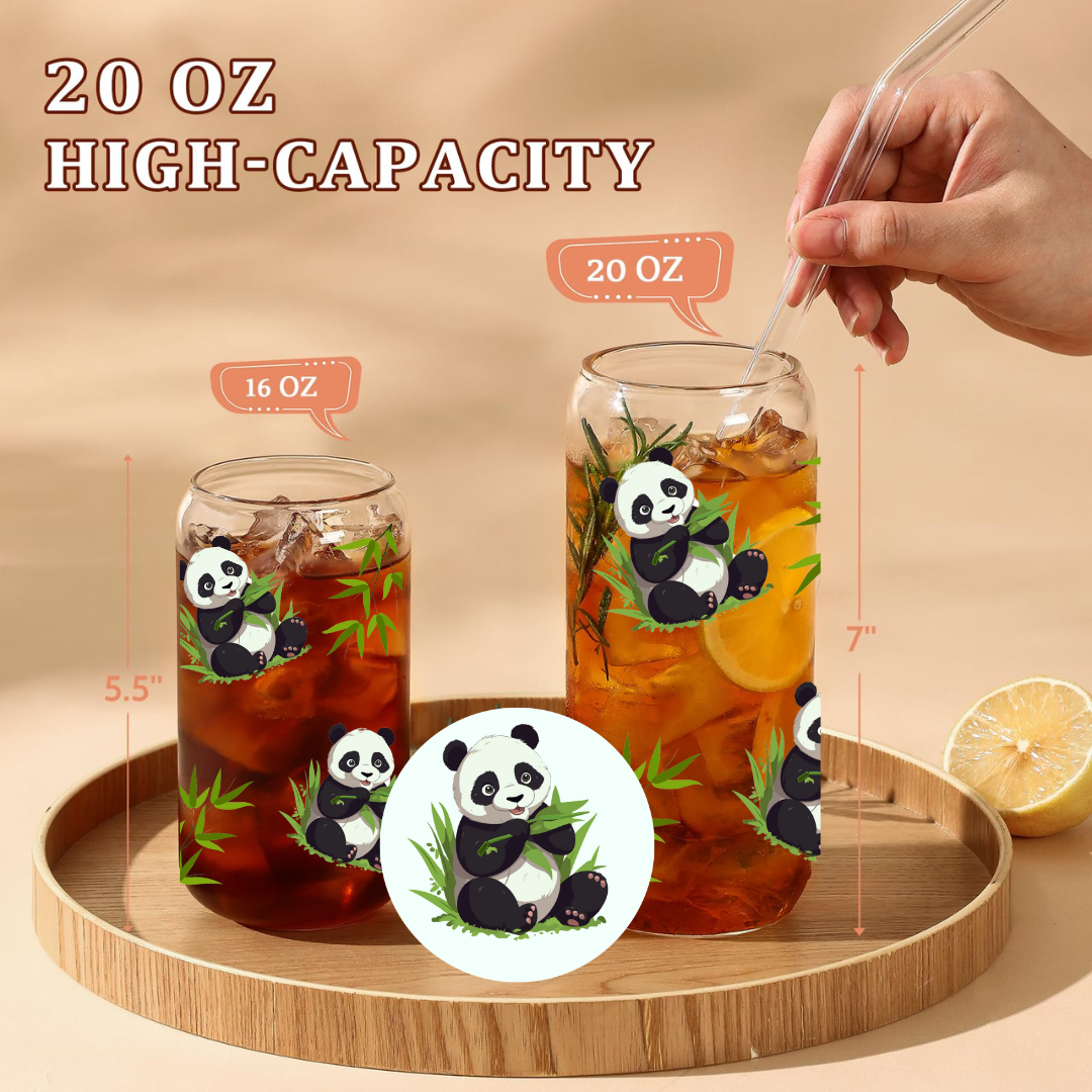 Panda with leaves glass cup, cartoon cup, Iced Coffee Glass cup with lid and Straw Personalized gift for Birthday,for kid 16oz, 20oz
