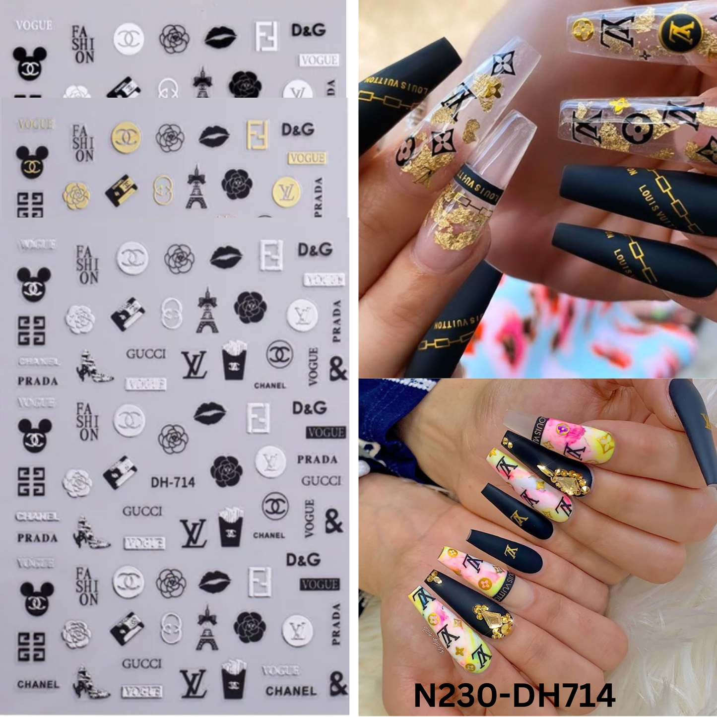 Nail Art Stickers - Gold, Black & Silver Monogram Decals - 3D Self-Adhesive DIY Manicure Set