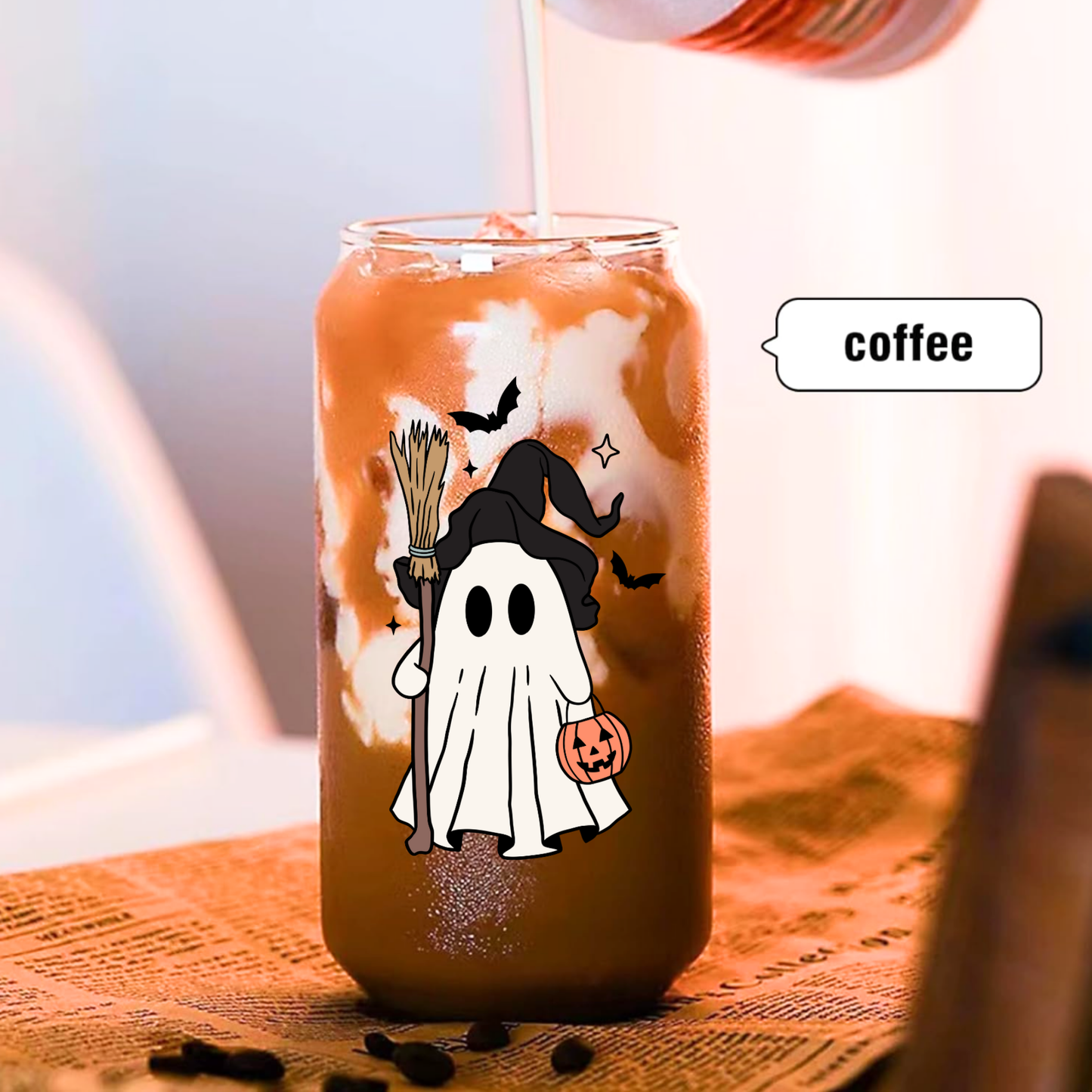 Halloween Clear Glass Can Cup with Bamboo Lid, Glass Straw & Brush – Ghost Witch “Happy Spooky Season” (16oz / 20oz)