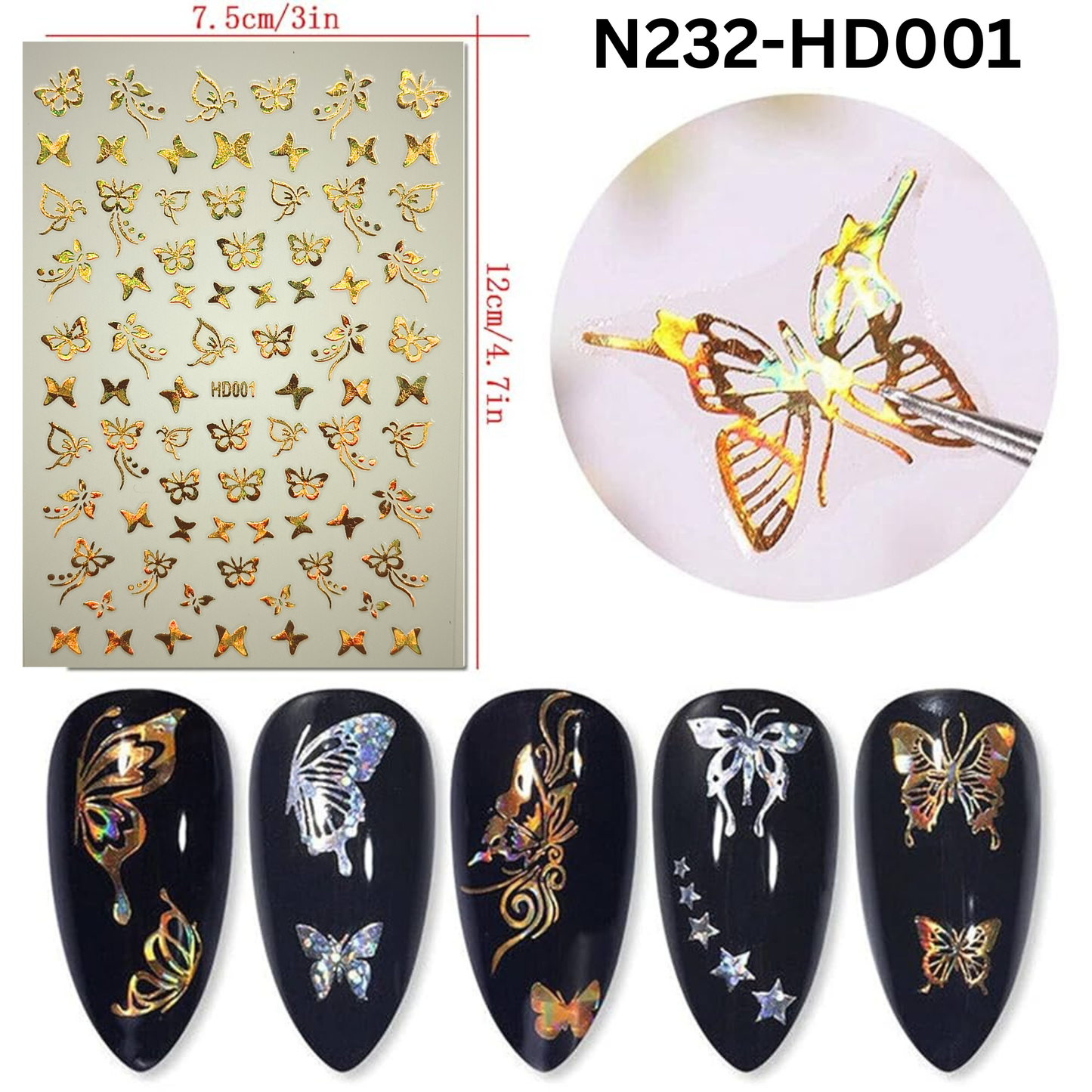 Holographic Butterfly Nail Stickers 3D Iridescent Nail Art Decals DIY Manicure