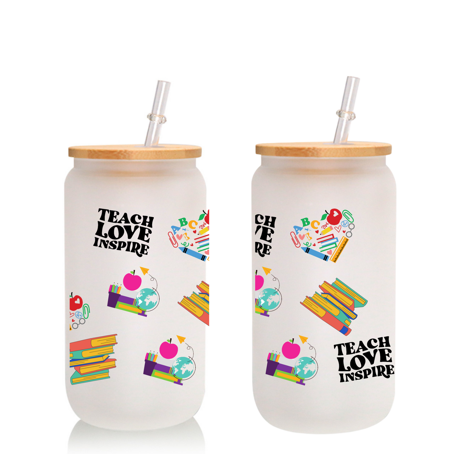 Teacher Love Inspire Frosted Glass Cup – 16oz / 20oz Tumbler with Glass Straw & Bamboo Lid – Personalized Gift for Teachers, Office, Home, or Party