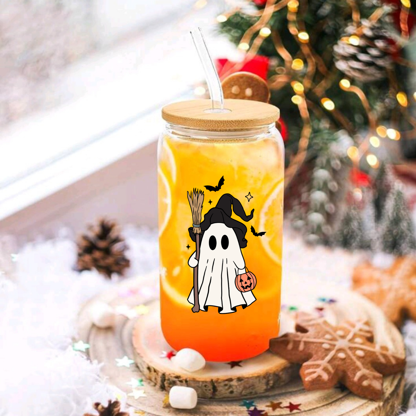 Halloween Clear Glass Can Cup with Bamboo Lid, Glass Straw & Brush – Ghost Witch “Happy Spooky Season” (16oz / 20oz)