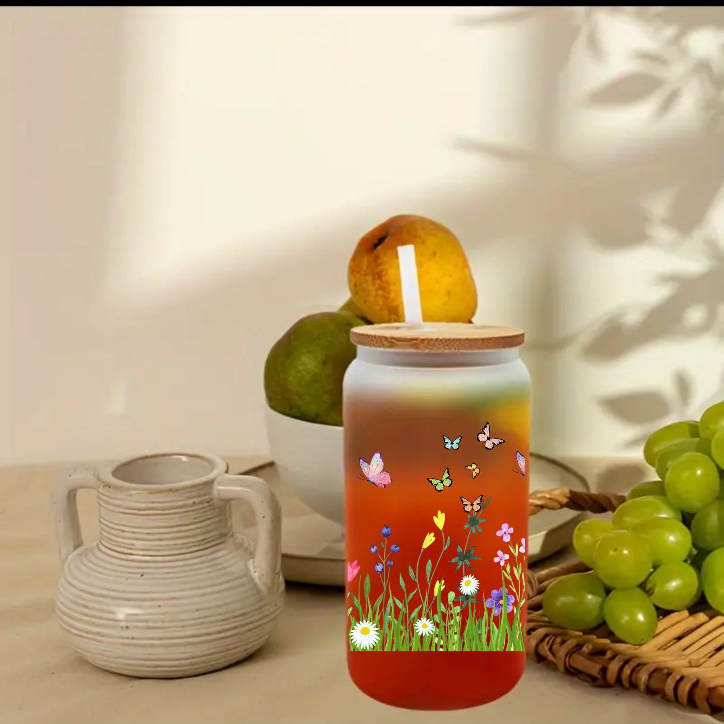 Butterfly Garden Frosted Glass Cup β 16oz / 20oz β With Bamboo Lid & Glass Straw