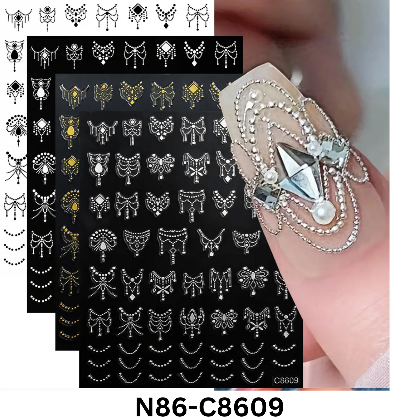 3D Chain Nail Art Stickers – Black, White, Gold, Silver Jewelry Design