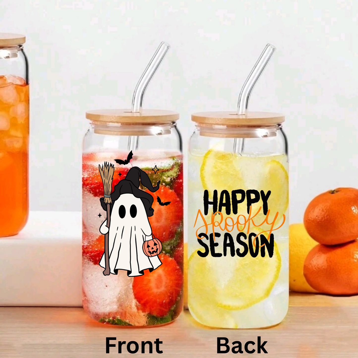 Halloween Clear Glass Can Cup with Bamboo Lid, Glass Straw & Brush – Ghost Witch “Happy Spooky Season” (16oz / 20oz)