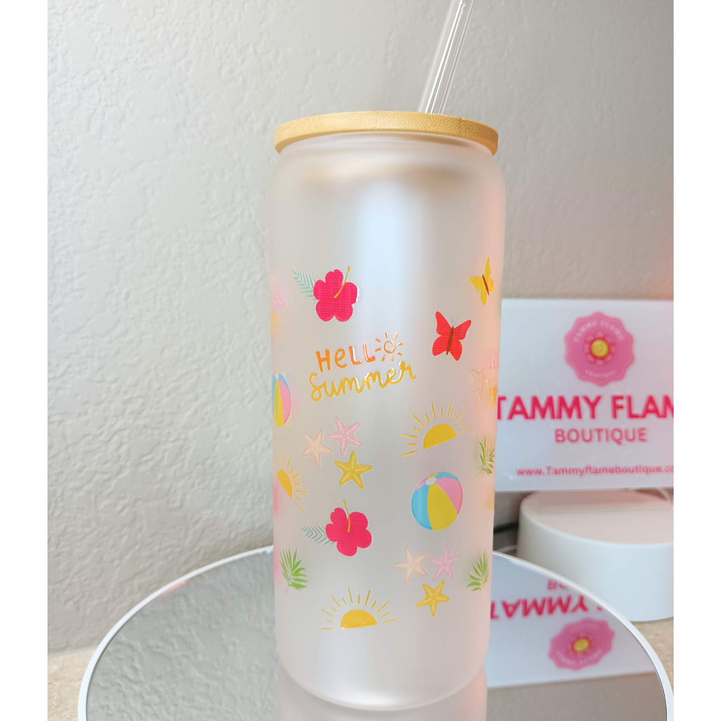 Hello Summer Frosted Glass Cup β 16oz / 20oz β With Bamboo Lid & Glass Straw