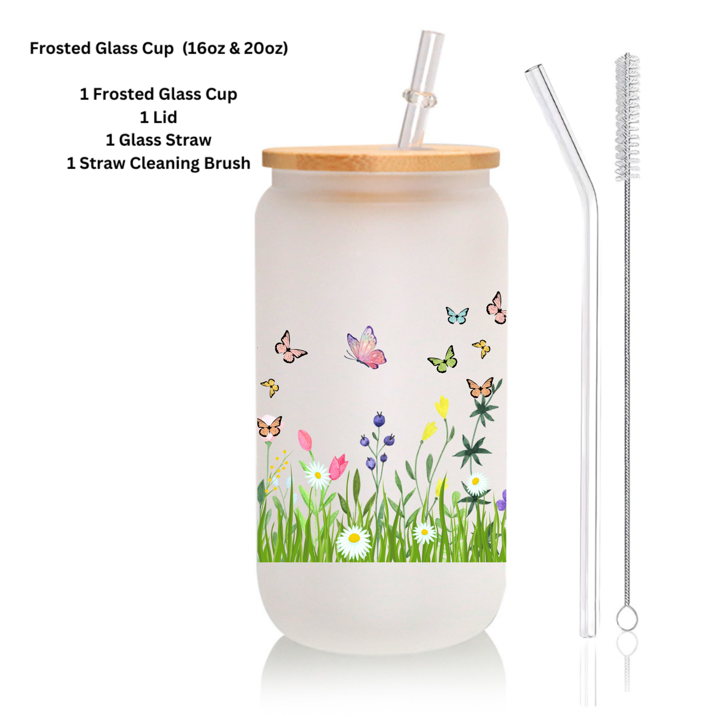 Butterfly Garden Frosted Glass Cup β 16oz / 20oz β With Bamboo Lid & Glass Straw