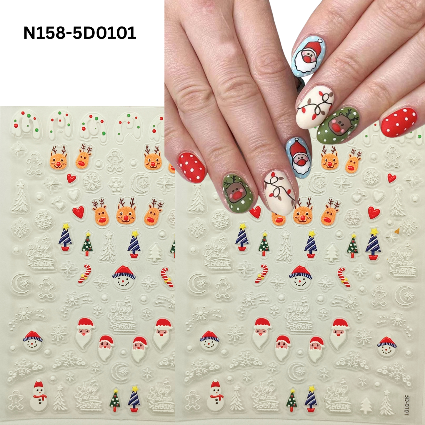Cute 5D Christmas Nail Sticker Set β Snowman, Tree & Gift Designs