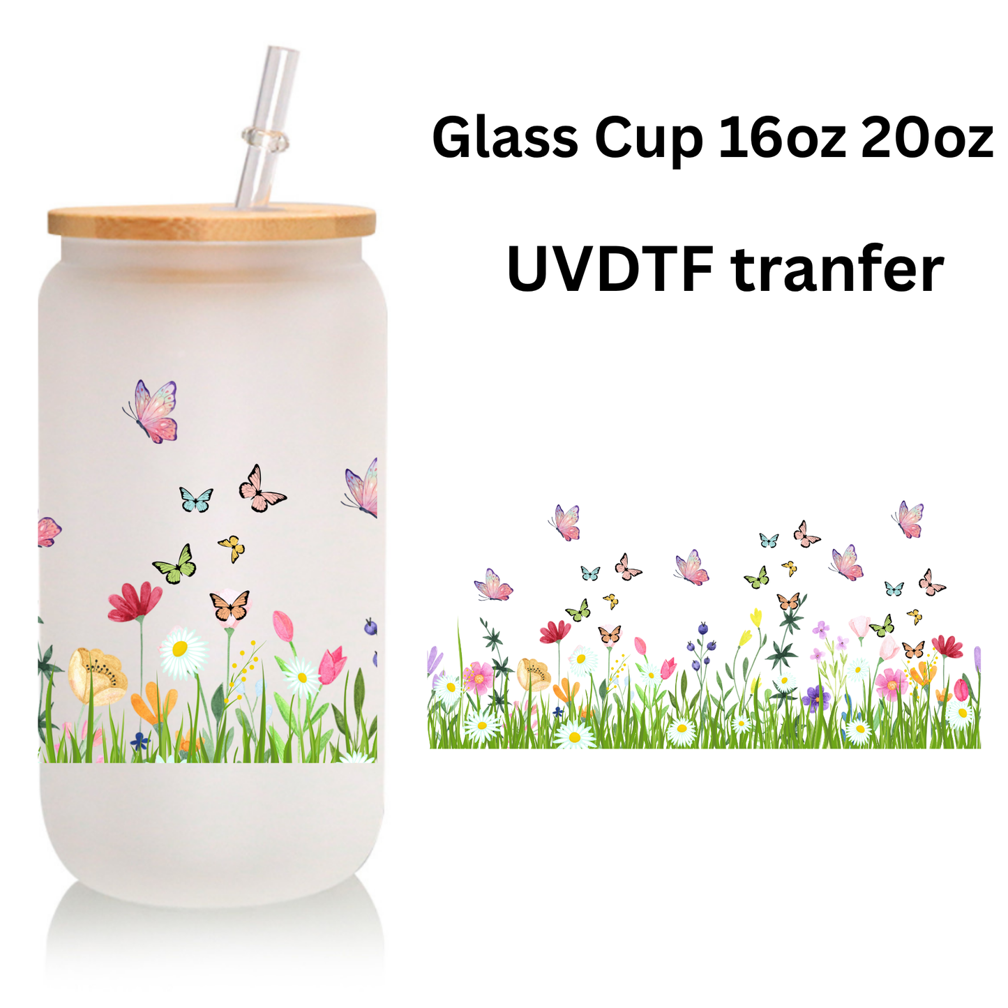 Butterfly Garden Frosted Glass Cup β 16oz / 20oz β With Bamboo Lid & Glass Straw