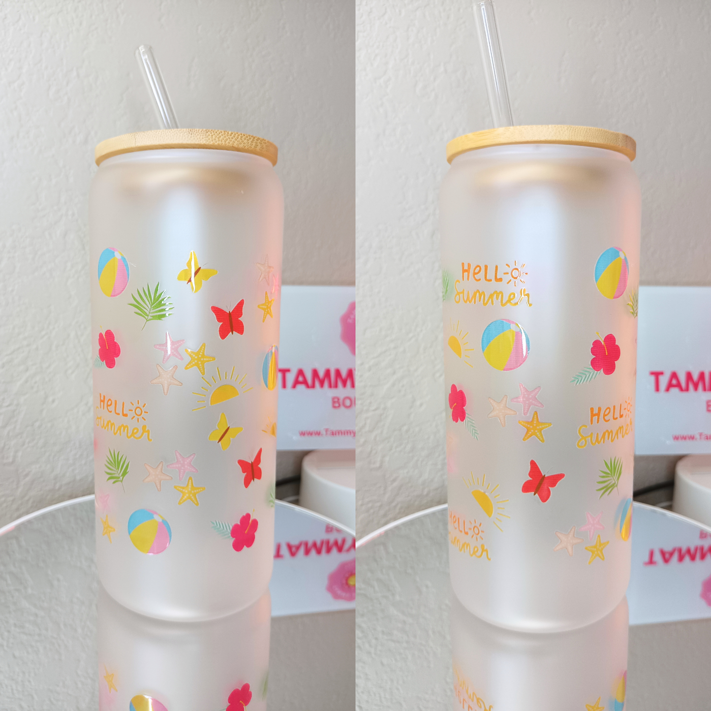 Hello Summer Frosted Glass Cup β 16oz / 20oz β With Bamboo Lid & Glass Straw