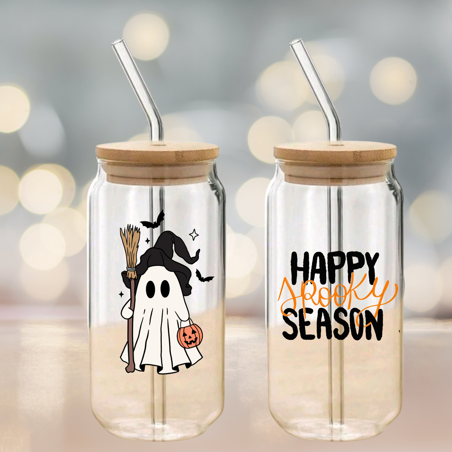 Halloween Clear Glass Can Cup with Bamboo Lid, Glass Straw & Brush – Ghost Witch “Happy Spooky Season” (16oz / 20oz)