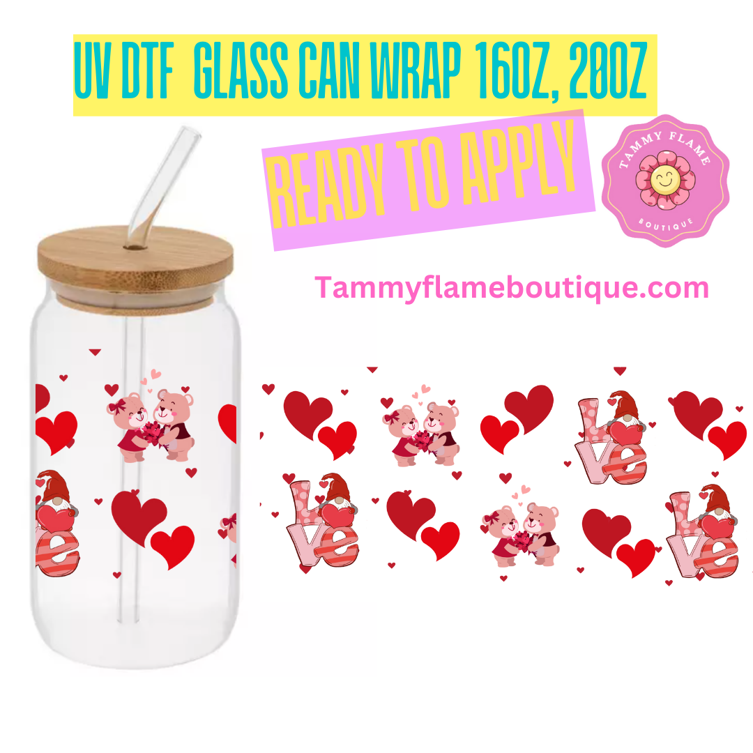 Love Heart 16oz, 20 oz UV DTF Cup Wraps Bottles & Glassware